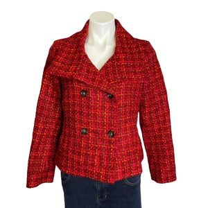 TALBOTS Plaid Double Breasted Blazer Tweed Wool Blend Jacket Red Size 10P